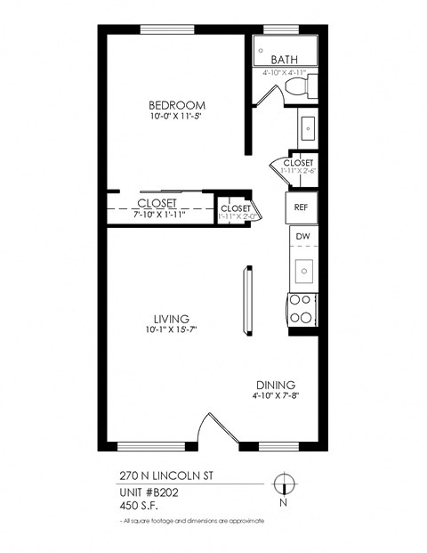 Floor plan for 1 bed, 1 bath, 515 sqft